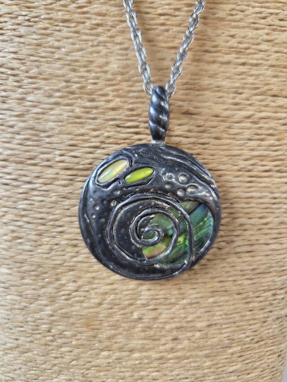 Vintage Silver-toned Metal Medallion & Iridescent Abalone Shell Inlay Koru Motif